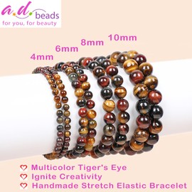 AD Beads Handmade Gemstone Stretch Elastic Bracelet Crystal Healing Reiki Nature's Beauty and Spiritual Essence Unisex (10mm, Multicolor Tiger's Eye (Ignite Creativity))