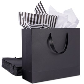 12 Pack Black Gift Bags with Ribbon Handles, Gift Bags Medium Size with Tissue Paper, Black Paper Bags for Shopping, Small Business, Bridal Party, Wedding, Christmas and Holiday (10.6” x3.1” x8.3”)