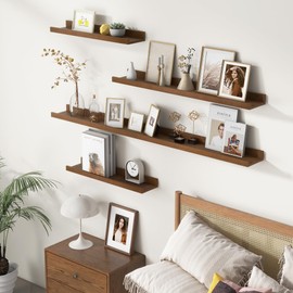 Picture Ledge Wall Shelves 24 inches Width Set of 3, Solid Pine Wood Rustic Floating Ledge Shelves for Wall for Kids' Room Bedroom Kitchen Bathroom Living Room Nursery Display Wall Decor, Walnut