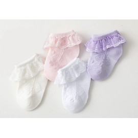 CHUNG Baby Toddler Girls Princess Cotton Frilly Socks Lace Ruffle Pack of 4/5/6 Thin Mesh Summer for Dress, 4 Pack-pink/White/Off-white/Purple, 5-7 Years