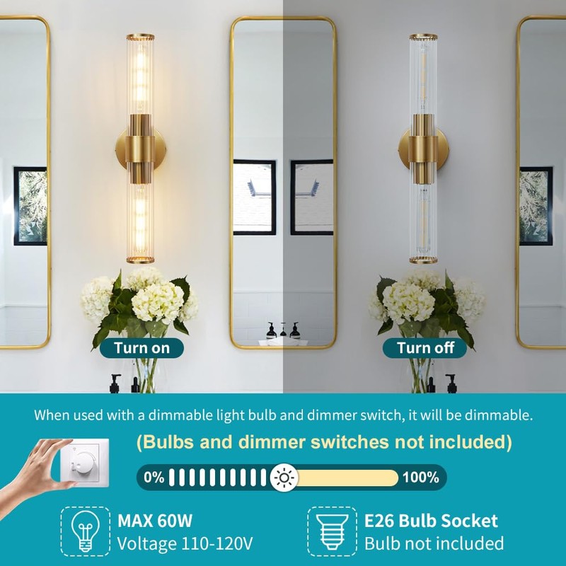 Vaziden Bathroom Light Fixtures, Gold Wall Sconce in Threaded Glass