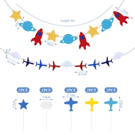 OAOSDH 2 pieces of aircraft cloud flag and 1 set of aircraft cloud card inserts, children's party decorations, party supplies for aviation motifs.