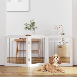 PAWLAND Free Standing Dog Gates Indoor for Doorways Stairs The House Foldable Wooden Small White Puppy Pet Gate Step Over Fence 60" W 24" H 3 Panels