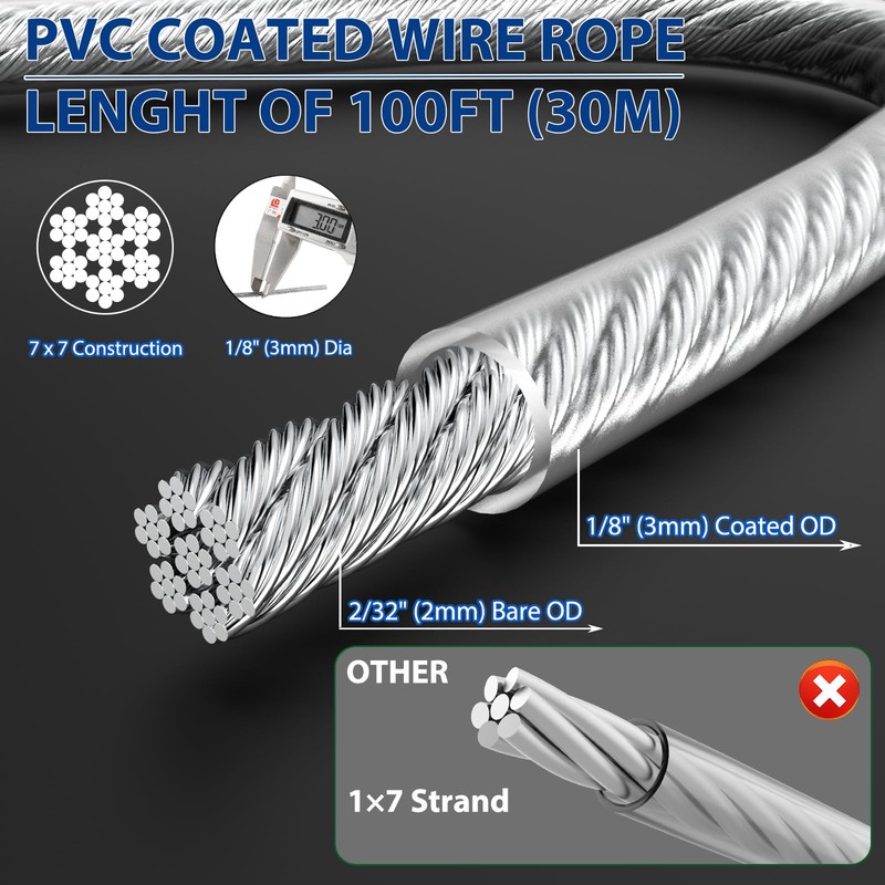 hannger 1/8" Wire Rope Kit, 100 Ft PVC Coated Steel