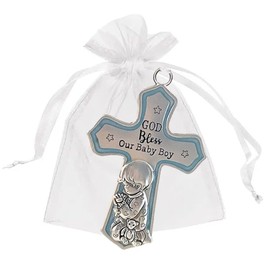 Ganz U.S.A., LLC Ornate Crib Cross Decor with White Ribbon Baby Boy for Baptism, Christening, Baby Shower God Bless Our Baby Boy