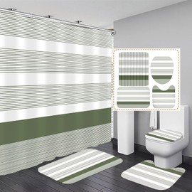 DDQQ 4Pcs Boho Streak Shower Curtain Sets with Rugs Sage Green Stripe Bathroom Sets Shower Curtain with 12 Hooks Bathroom Decor with Rugs Bath Accessories with Mats Toilet Lid Cover