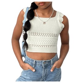 Floerns Girl's Ruffle Straps Knitted Pullover Square Neck Crochet Sweater Tank Top Apricot 8Y