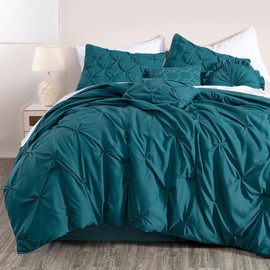 7 Piece Boho Chic Tufted Pin-Tuck Pleat Style Luxury Comforter Extra Wide King Size Tufted Farmhouse Textured Bed in a Bag | All Seasons Teal Green Color Aesthetic Bedding Soft Plush Cozy Look