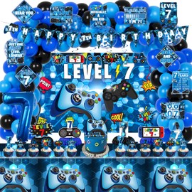 KOTLMIGHT 7th Birthday Decorations for Boys, 149Pcs Blue Video Game level 7 Party Supplies for Boy 7th Birthday - Backdrop, Banner, Balloons, Tablecloth, Centerpieces, Hanging Swirls, Wall Signs
