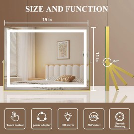 Gvnkvn Vanity Mirror with Lights, 15"× 11" LED Makeup Mirror, Lighted Makeup Mirror with Lights, Smart Touch Control Dimmable 3 Modes Light 360°Rotation Gold