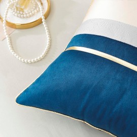 TAOSON Pack of 2, Yellow Beige Patchwork Velvet Throw Pillow Cover with Gold Striped Leather Cushion Case Modern Luxury Square Pillowcase for Sofa Couch Bedroom Living Room Home,18x18 inch