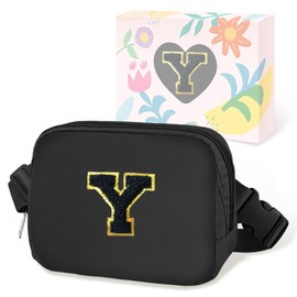 COSHAYSOO Small Waist Fanny Pack Belt Bag with Initial Letter Patch Adjustable Strap for Women Teen Girl Traveling Gym Hiking, Crossbody Travel Purse Cross Body Trendy Preppy Pouch, Black Chenille,