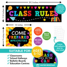Decorably 10 Chalkboard Classroom Expectations Middle School, Elementary, High School Posters and Banner, Matte-Laminated Inspirational Classroom Rules Poster - Bulletin Boards, School Hallways