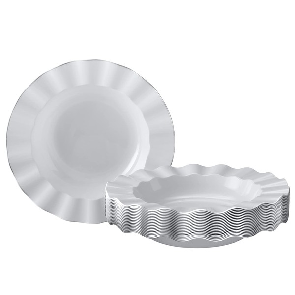 Elegant Plastic Plates for Party with Scalloped Rim (20 PC), Disposable Heavy-Duty Soup Plates for Wedding Reception - 12 oz, Fancy Plastic Dinnerware Sets with Silver Edge for Upscale Events - White