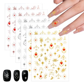 6 Sheets Nail Art Stickers Moon Sun Star Heart Nail Art Stickers Self-Adhesive 3D Bronzing Holographic Starlight Nail Art Decals for French Nails Design Accessories Girls Women DIY Nail Decorations Supplies