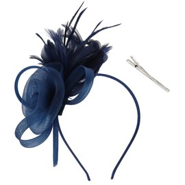 AMCAMI Fascinators Hats with Feather for Women 2025 Derby Hats Tea Party Hat with Headband and Clip Navy Blue