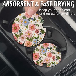 Yonlevres Car Coasters for Cup Holders，2.75" Universal Size Anti Slip Rubber Mat with A Finger Notch, 2 Pack Cup Holder Coasters for Car Interior Accessories for Women Men Flower