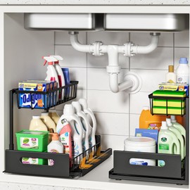FUNFERY Under Sink Organizers and Storage,2 Pack Pull-Out Cabinet Organizer,Under Kitchen Sink,Cabinet,Bathroom Organizers and Storage,L Shaped Pantry Organizer for Kitchen Storage Organization,Black