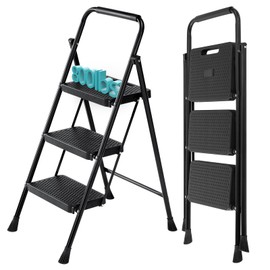 SMUG Step Ladder, 3 Step Stool Foldable with Anti-Slip Pedal & Comfortable Handrail, 800lbs Capacity Sturdy Steel Ladder, Protable Heavy Duty Step Stool for Kitchen, Garage & Outdoor Use, Black