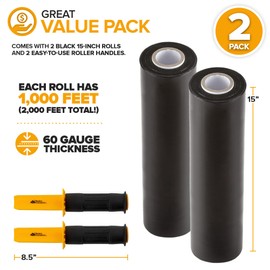 Modern Innovations 15 Inch Black Stretch Wrap Roll with Handles (2 Rolls-2000 Feet) Heavy Duty Shrink Wrap for Moving, Packing Supplies for Wrapping Furniture, Industrial Plastic Pallet Cling