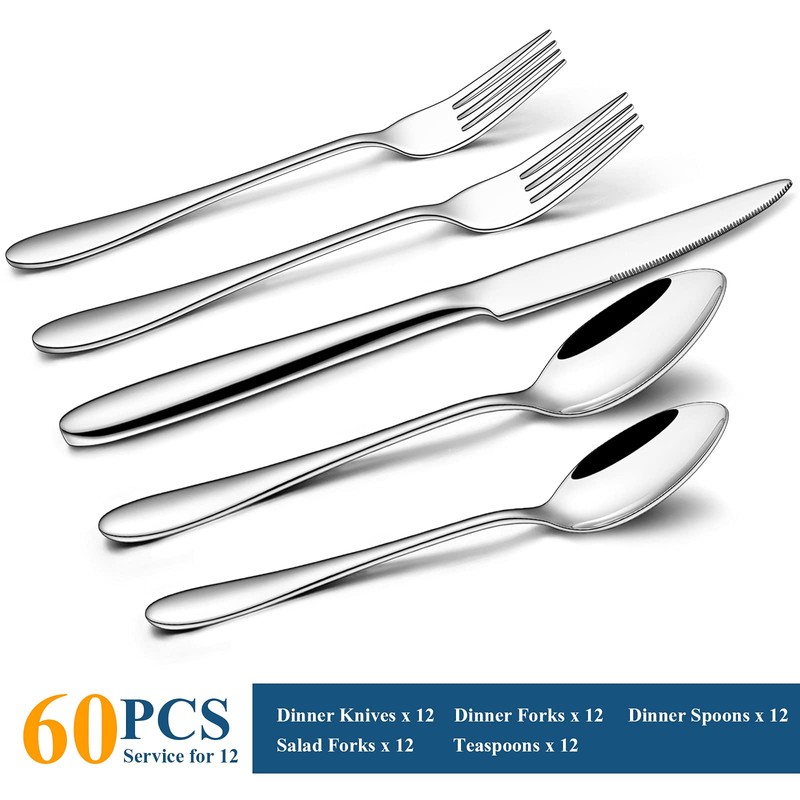 60-Piece Silverware Set, Wildone Stainless Steel Flatware Set Service for