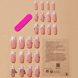 French False Nails, Press on Short Square,White Tip Butterfly Stick on Nails, 24pcs False Nails with Glue Elegant Fake Nails for Women Girls Weddings (French Butterfly)