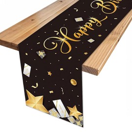 YXHZVON Tischläufer Geburtstag Deko Schwarz Gold Happy Birthday Tischdecke Kindergeburtstag Partytischdecken für Geburtstagsfeier Party Tischdecke（180 x 35 cm）