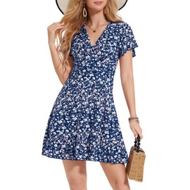 EFexous Womens Sundress Summer Floral Short Dress Cute V Neck Short Sleeve A-Line Wrap Midi Dress RoyalBlue