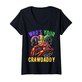 Womens Who's Your Crawdaddy Crawfish Beads Mardi Gras Carnival V-Neck T-Shirt