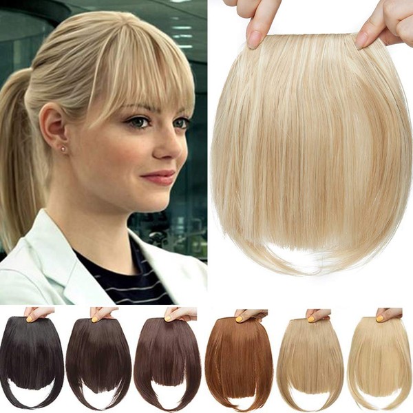 Clip in Hair Bangs Fringe Bangs Hair Extensions Straight Bangs with Temple Hairpieces Accessories Thick Full Neat Front Bangs Hair Piece Natural Blonde mix Bleach Blonde
