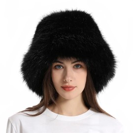 New Super Fluffy Cossack Style Soft Fleecy Faux Fur Bucket hat - Womens Winter Hats (UK, Alpha, One Size, Black)