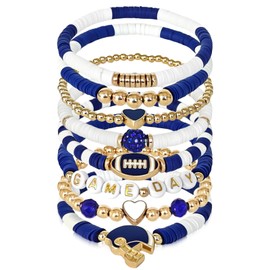 HWQVA Game Day Bracelet for Women, Stackable Football Charm Bangle Jewelry for Fans & Football Moms, Sports Team Accessories Gift (White/Blue)