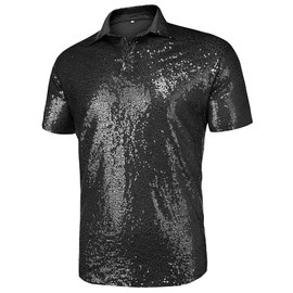 URRU Men's Relaxed Short Sleeve Turndown Sparkle Sequins Polo 70s Disco Nightclub Party Shirts Tops Black XXL