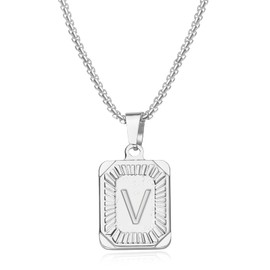 Silver Initial Pendant Necklace for Men Women, A-Z Stainless Steel Letter Pendant Necklace Square Capital Initial Letter Necklace