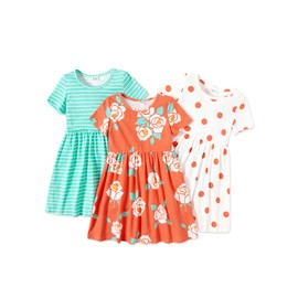 PATPAT Toddler Girl Floral Skater Multipack Dresses 3-Pack Polka Dots Short Sleeve Priness A-line Dress, Blue, 4-5T
