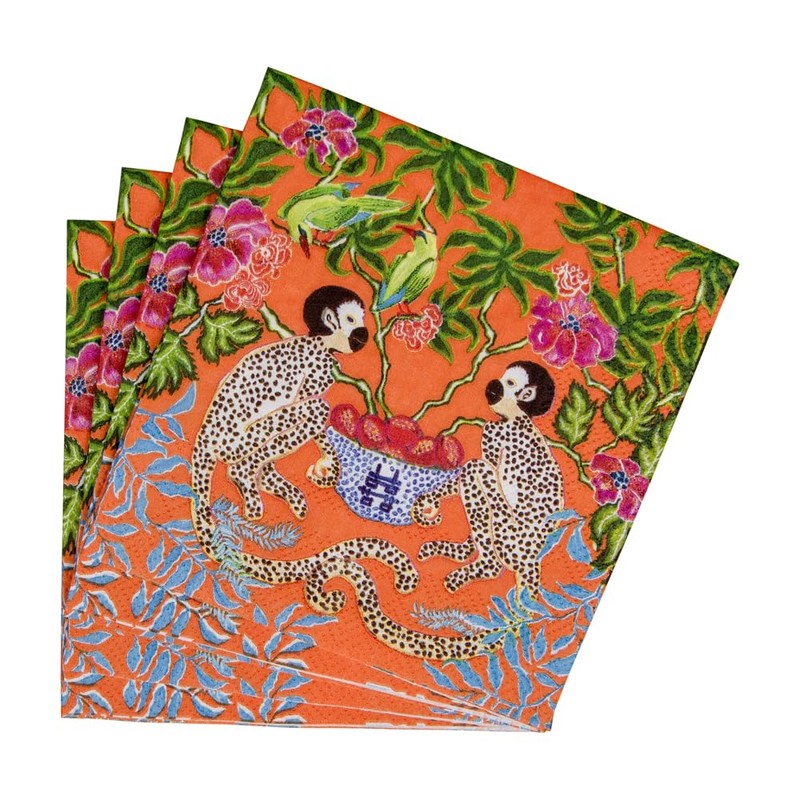 Caspari Monkeys Paper Cocktail Napkins in Orange - 20 Per