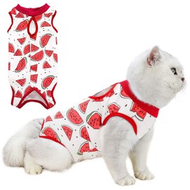 Cat Professional Surgery Recovery Suit, E-Collar Alternative, Cotton Breathable Cat Sterilization Suit for Abdominal Wounds, Pajama Suit for Kitten Anti-Biting Licking - Watermelon/L(7.5-10 lbs)