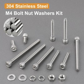 VGBUY 298pcs M4 Screws Assortment, M4 Screws Bolts for 3D Printer DIY, Hex Socket Head Cap Screw Bolts Nuts Washer Kit, 304 Stainless Steel, 25/30/35/40/45/50mm