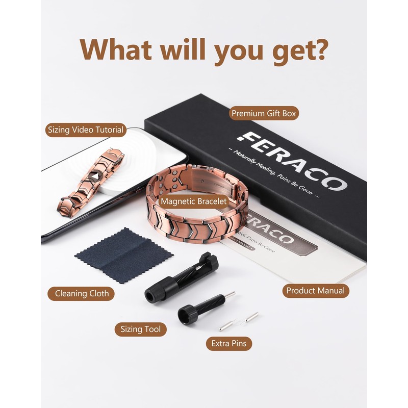 Feraco 3X Strength Copper Magnetic Bracelet for Men - 99.99%