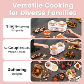 KOOC Double Small Slow Cooker, Buffet Server and Warmer, 2 Mini Pots with 3 Individual Adjustable Temp, Dual Ceramic Pots, Free Liners for Easy Clean-up, Stainless Steel, Total 2.5 Quart, Grey, Round