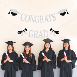 Congrats Grad Banner, 2025 Graduation Banner, Congratulations Class of 2025 Party Decor, High School/College/Senior Graduation Party Decorations, Silver Glitter