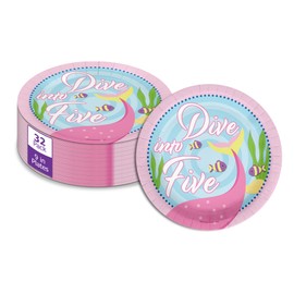 Dive into Five Mermaid Birthday Supplies - 32 Piece Girls 5th Birthday Party Supplies - Mermaid Fifth Birthday Paper Plates Large 9" Plates in Bulk