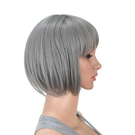 SWACC 10 Inch Short Straight Bob Wig with Bangs Synthetic Colorful Cosplay Daily Party Flapper Wig for Women with Wig Cap (Dark Sliver Gray)