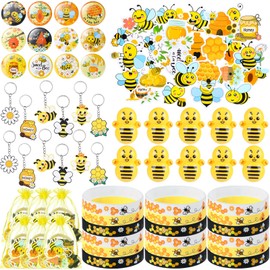 Capoda 110 Pcs Bee Theme Party Favors Bee Classroom Decorations Color Toy Tumbler Wobbler Yellow Wristband Keychain Button Pin Honey Stickers Gift Bag for Class Reward Gift Prizes Party Supplies