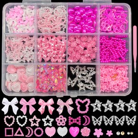 600 PCS 3D Nail Charms Set Pink and White Bow Pearl Nail Charms Butterfly Heart Rose Star Flower Nail Charms and Gems Y2K Nail Pearls Jewelry for Nail Art Supply