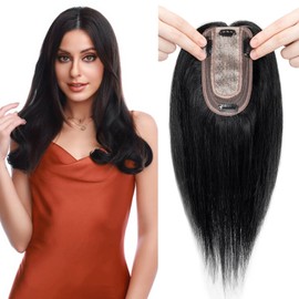Hairro Hair Topper 100% Real Remy Human Hair Toppers for Women Realistic Clip in Wiglet 13x7cm Silk Base Hair Piece Cover Thinning Hair Loss Natural Looking 6 inch Dark Black