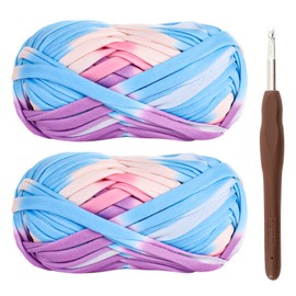 T-Shirt Yarn, Ribbon Yarn for Crochet and Knitting, Textile Yarn, 2 x 100 g Thick Polyester Yarn with a 6 mm Crochet Hook for Crochet Bags, Baskets, Carpets, Home Decoration and DIY Crafts (Mix