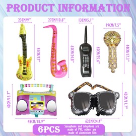 6Pcs Photo Booth Props, Inflatable Party Props with Inflatable Guitar Saxophone Sunglasses Microphone Radio Boombox, Inflatable Props Ballons for 70s 80s 90s Carnival Disco Themed Party Supplies