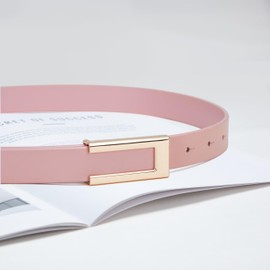 YooAi Womens Leather Belt Skinny Waist Belt for Dresses Jeans Pants with Gold Buckle Pink 118, Pink, L: Fit Waist 33"-38"