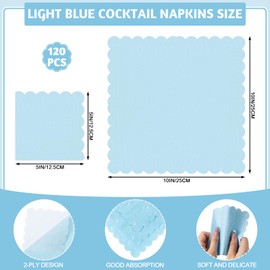 NatNarr 120 Pcs Winter Cocktail Napkins Light Blue Napkins Disposable Scalloped Napkins Beverage Napkins Dessert Napkins Cute Light Blue Party Napkins for Birthday Wedding Baby Shower, 5 x 5 Inch